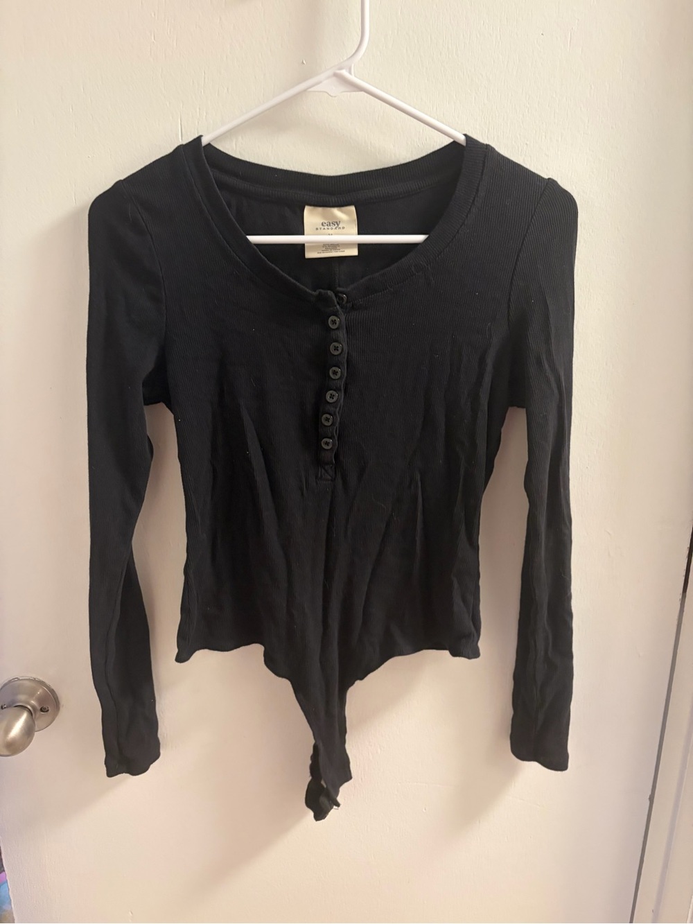 Waffle Knit Long-Sleeve Henley Bodysuit - Black